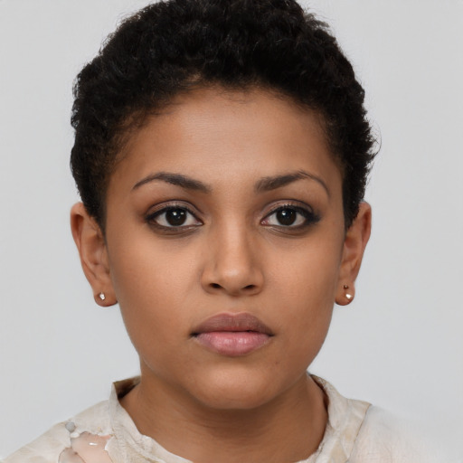Neutral latino young-adult female with short  brown hair and brown eyes