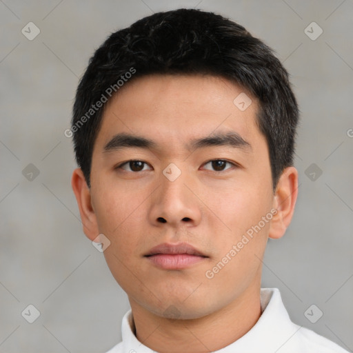 Neutral asian young-adult male with short  black hair and brown eyes