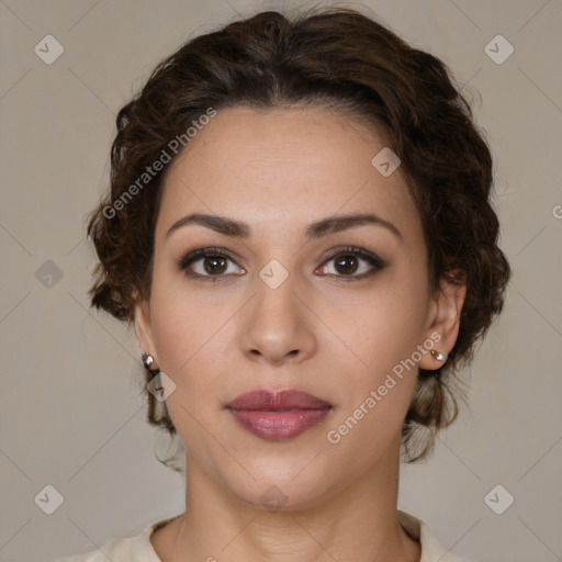 Neutral white young-adult female with medium  brown hair and brown eyes