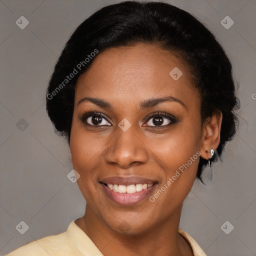 Joyful latino young-adult female with short  black hair and brown eyes