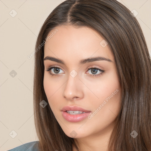 Neutral white young-adult female with long  brown hair and brown eyes