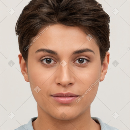 Joyful white young-adult female with short  brown hair and brown eyes