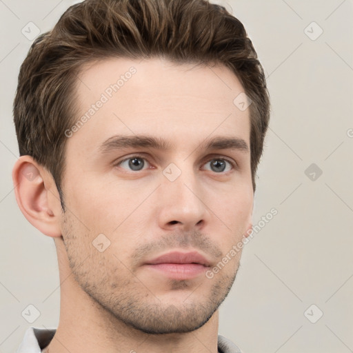 Neutral white young-adult male with short  brown hair and grey eyes