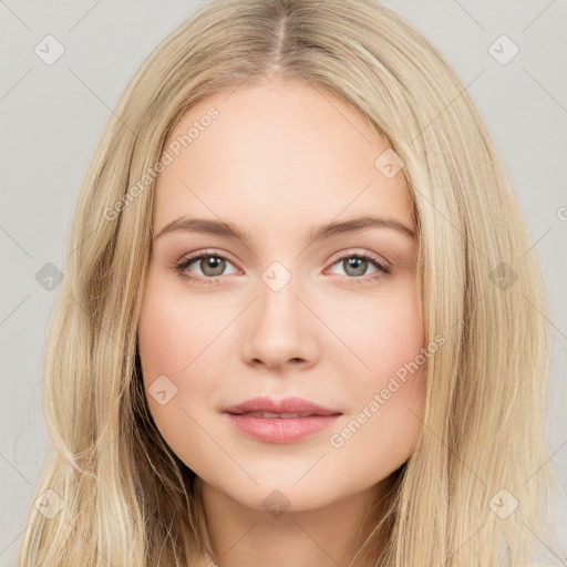 Neutral white young-adult female with long  brown hair and brown eyes