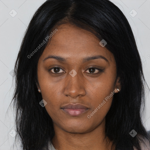 Neutral asian young-adult female with long  black hair and brown eyes