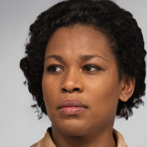 Neutral black young-adult female with medium  brown hair and brown eyes