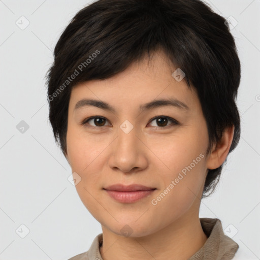 Joyful asian young-adult female with medium  brown hair and brown eyes