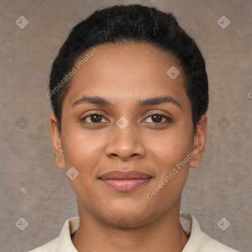 Joyful black young-adult female with short  brown hair and brown eyes