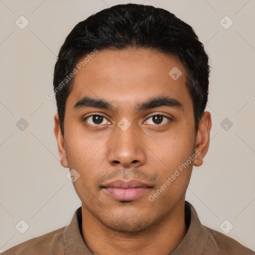 Neutral latino young-adult male with short  black hair and brown eyes