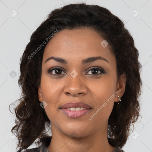 Joyful latino young-adult female with medium  brown hair and brown eyes