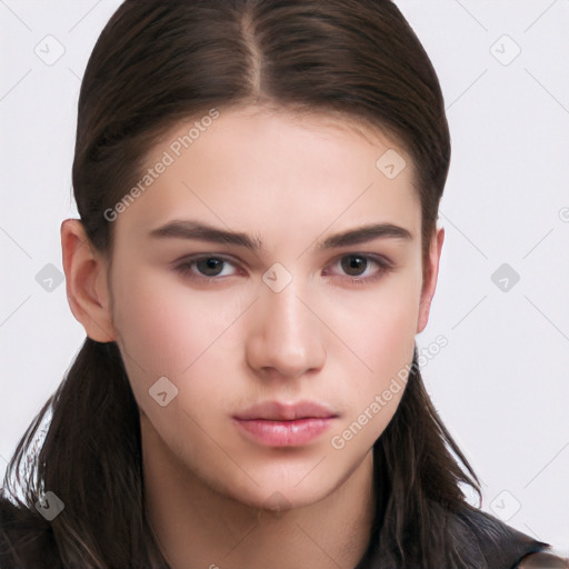 Neutral white young-adult female with long  brown hair and brown eyes