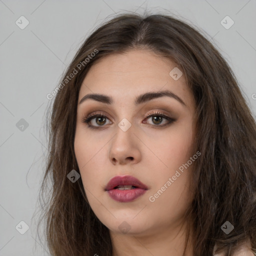 Neutral white young-adult female with long  brown hair and brown eyes