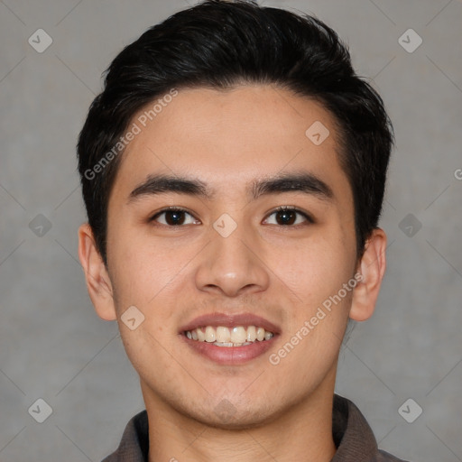 Joyful white young-adult male with short  black hair and brown eyes