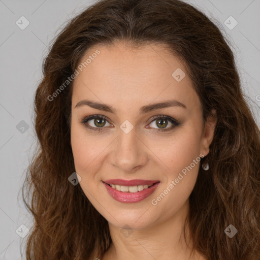 Joyful white young-adult female with long  brown hair and brown eyes