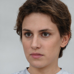 Neutral white young-adult female with short  brown hair and brown eyes