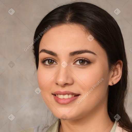 Joyful white young-adult female with medium  brown hair and brown eyes