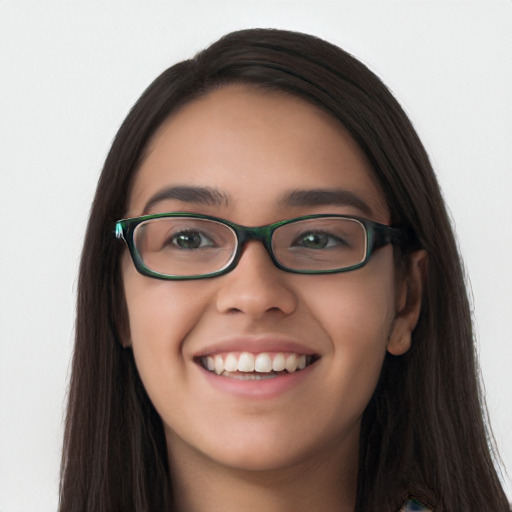 Joyful white young-adult female with long  black hair and brown eyes