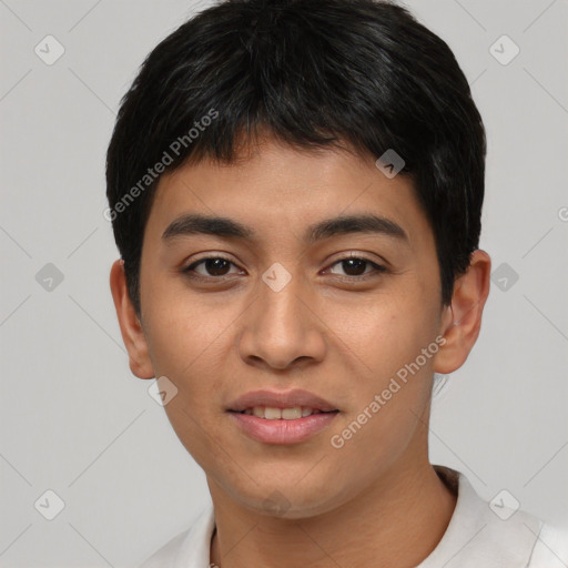 Joyful asian young-adult male with short  black hair and brown eyes