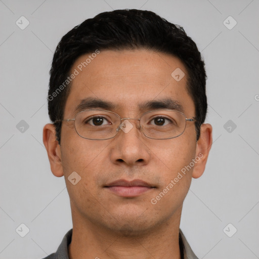 Neutral asian young-adult male with short  black hair and brown eyes