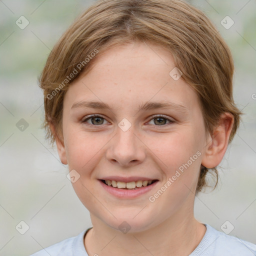 Joyful white child female with medium  brown hair and brown eyes