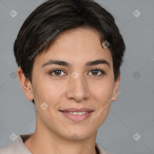 Joyful white young-adult female with short  brown hair and brown eyes