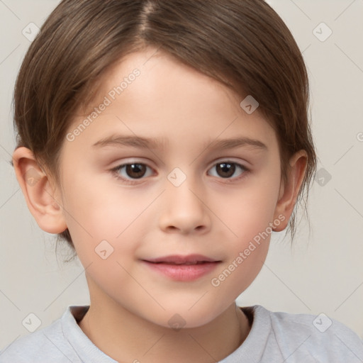 Joyful white child female with short  brown hair and brown eyes