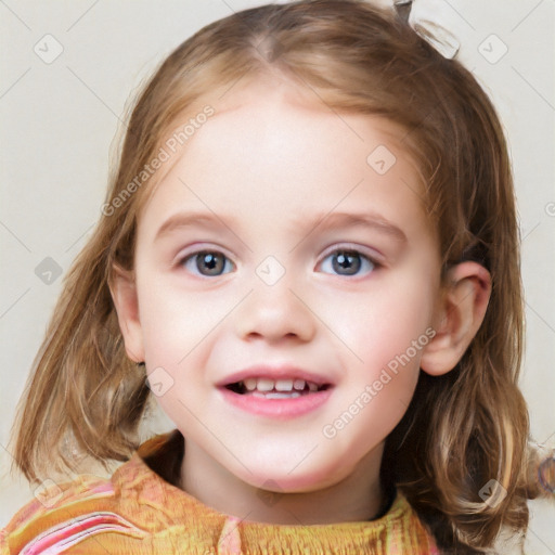 Joyful white child female with medium  brown hair and blue eyes