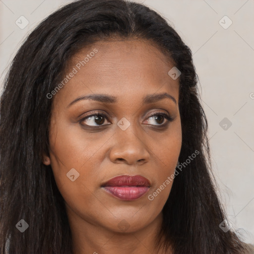 Joyful black young-adult female with long  brown hair and brown eyes