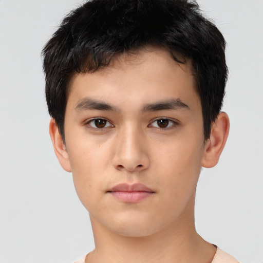 Neutral asian young-adult male with short  brown hair and brown eyes