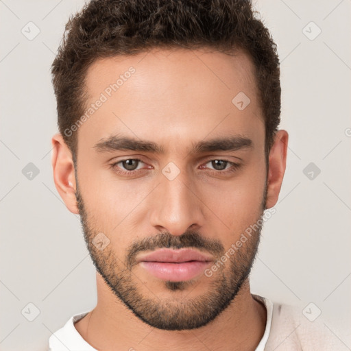 Neutral white young-adult male with short  brown hair and brown eyes