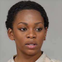 Neutral black young-adult female with short  brown hair and brown eyes