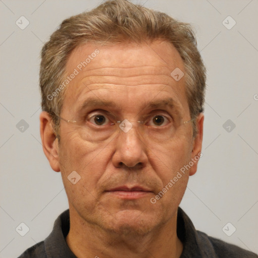 Neutral white middle-aged male with short  brown hair and brown eyes