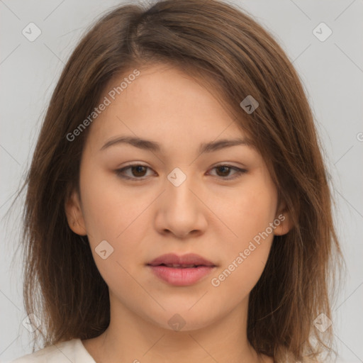 Neutral white young-adult female with medium  brown hair and brown eyes