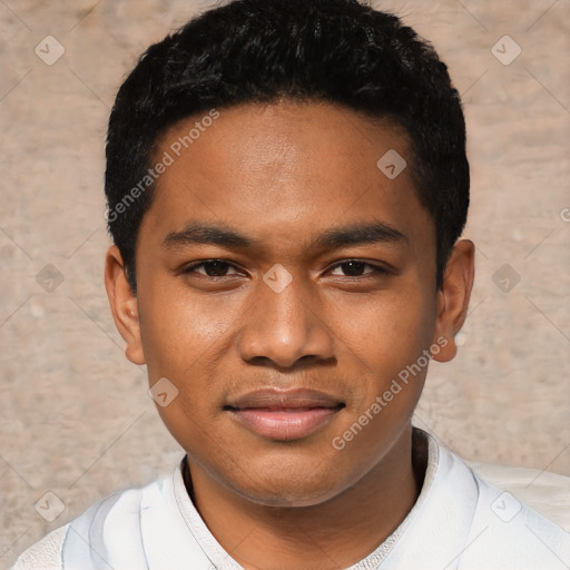 Joyful black young-adult male with short  black hair and brown eyes