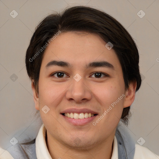 Joyful white young-adult male with medium  brown hair and brown eyes