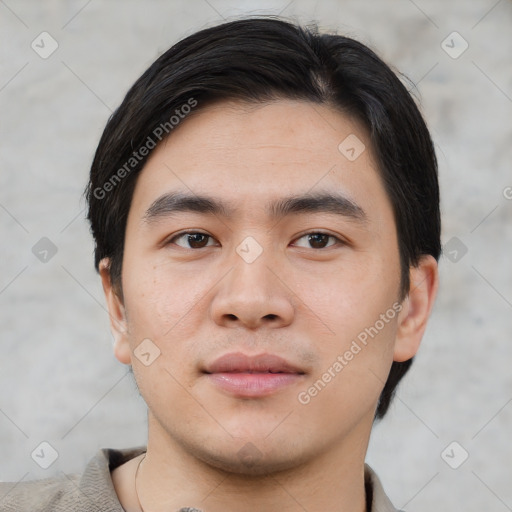 Neutral asian young-adult male with short  brown hair and brown eyes