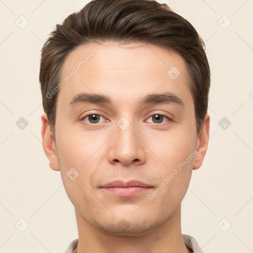 Neutral white young-adult male with short  brown hair and brown eyes