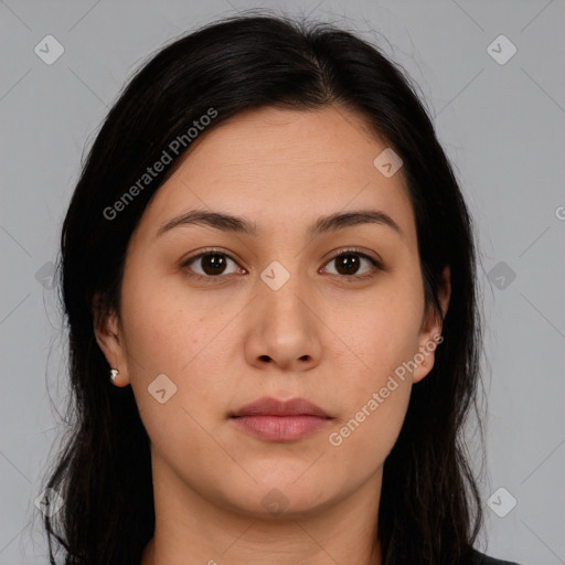 Neutral white young-adult female with medium  brown hair and brown eyes