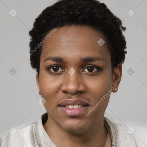 Joyful black young-adult female with short  black hair and brown eyes
