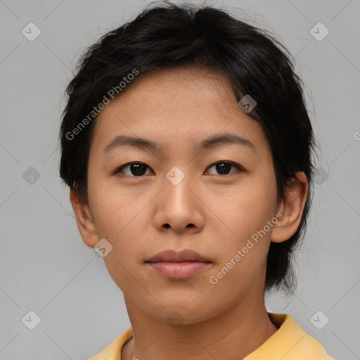 Neutral asian young-adult female with short  brown hair and brown eyes
