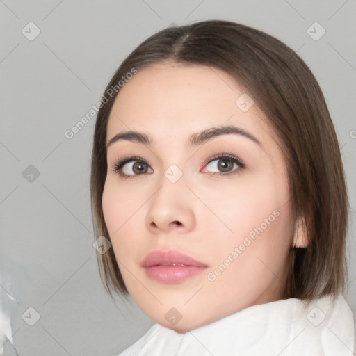 Neutral white young-adult female with medium  brown hair and brown eyes