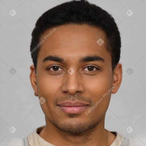 Neutral latino young-adult male with short  black hair and brown eyes