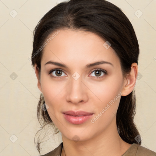 Neutral white young-adult female with medium  brown hair and brown eyes