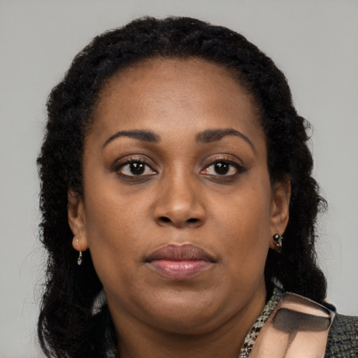 Neutral black young-adult female with long  brown hair and brown eyes