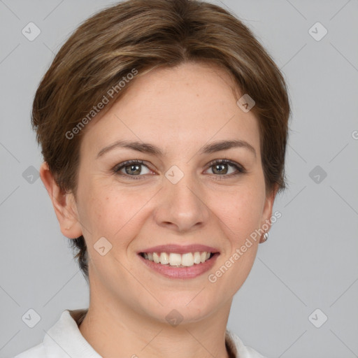 Joyful white young-adult female with short  brown hair and brown eyes