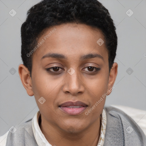 Joyful black young-adult female with short  brown hair and brown eyes