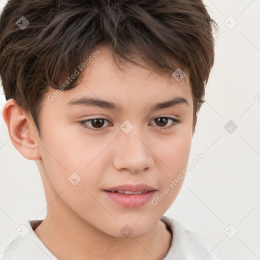 Joyful white child female with short  brown hair and brown eyes