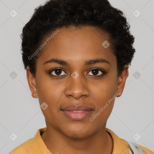 Neutral black young-adult female with short  brown hair and brown eyes