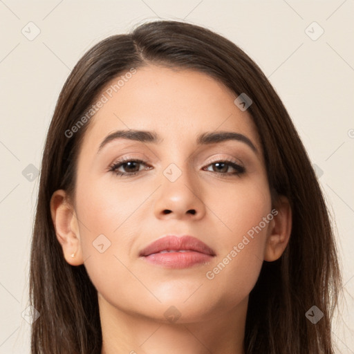 Neutral white young-adult female with long  brown hair and brown eyes