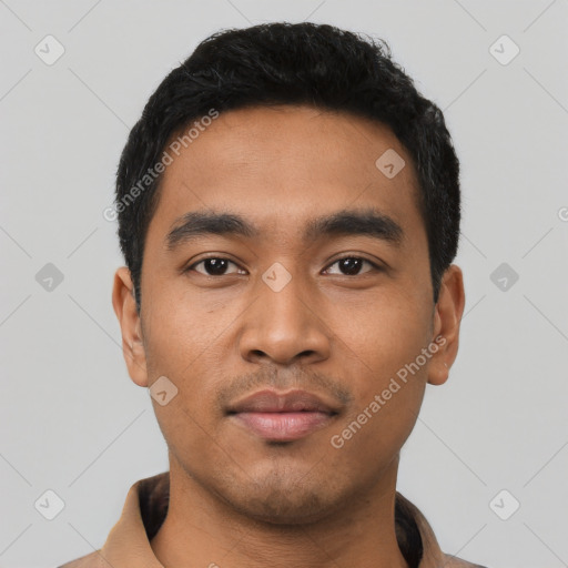 Neutral latino young-adult male with short  black hair and brown eyes